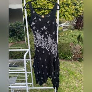 Midnight Velvet Black Maxi Dress with White Floral Embroidery